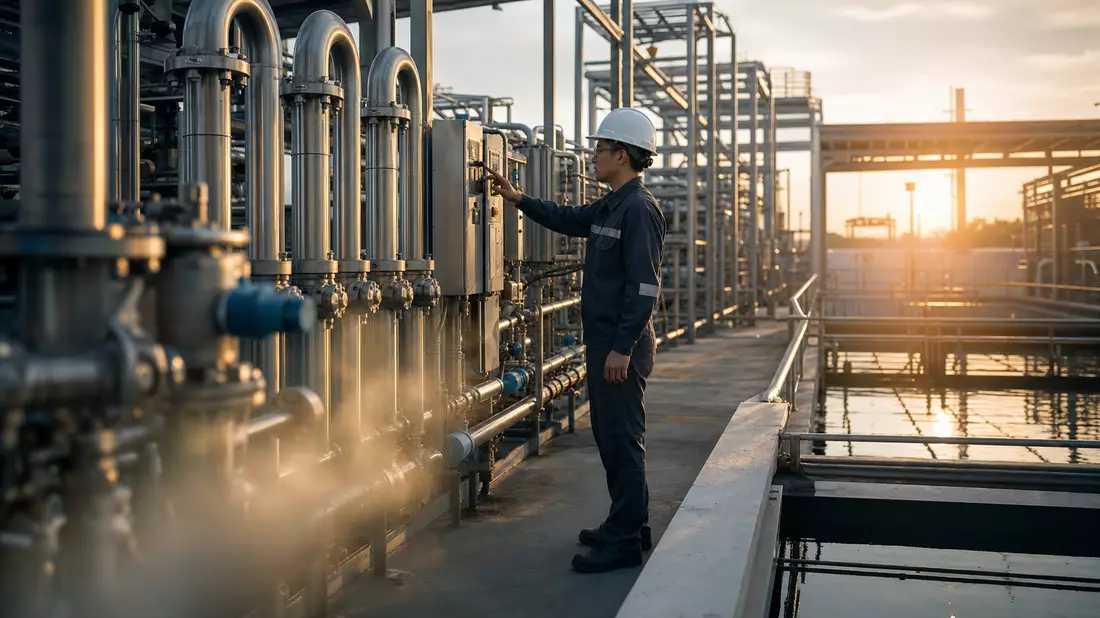 Techniker prüft Anlage der Wasseraufbereitung bei Sonnenuntergang, fotorealistisch