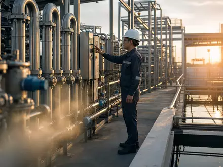 Fotorealistische Wasseraufbereitungsanlage symbolisiert das Kerngeschäft von Pentair plc, ISIN IE00BLS0VV05, bei Sonnenuntergang - Foto: THN