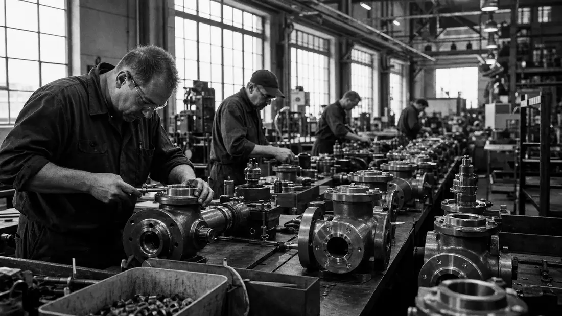 Dokumentarische Schwarzweißaufnahme einer Ventil- und Pumpenfertigung in der Fabrikhalle
