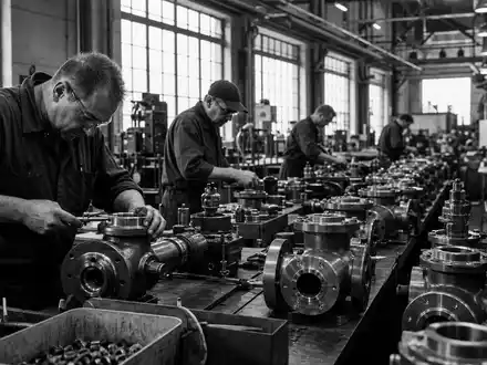 Schwarzweiß-Reportage zeigt Fertigung von Pumpen und Ventilen, passend zu Pentair plc, ISIN IE00BLS0VV05, Industriefoto - Foto: THN