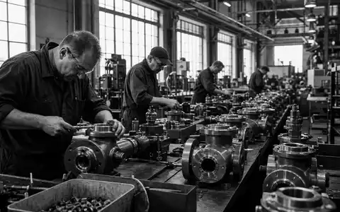 Schwarzweiß-Reportage zeigt Fertigung von Pumpen und Ventilen, passend zu Pentair plc, ISIN IE00BLS0VV05, Industriefoto - Foto: THN