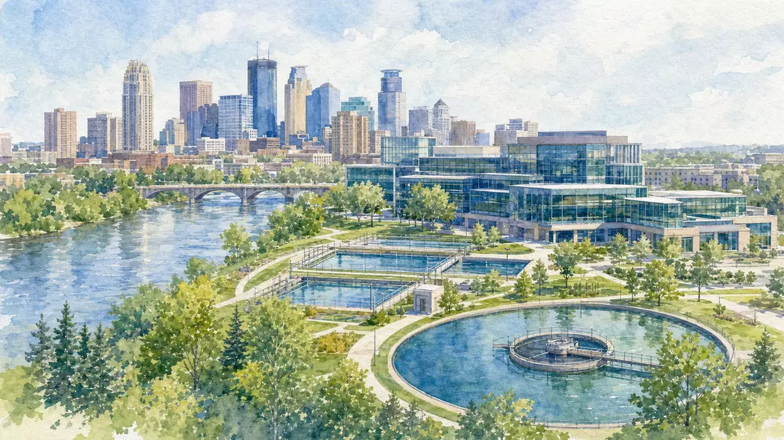 Aquarellmalerei von Firmencampus mit Wasserbecken und Skyline im Hintergrund
