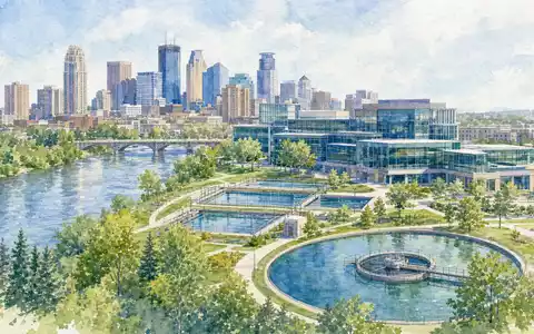 Aquarellbild einer Stadt mit Klärbecken und Firmencampus veranschaulicht das Umfeld von Pentair plc, ISIN IE00BLS0VV05 - Foto: THN