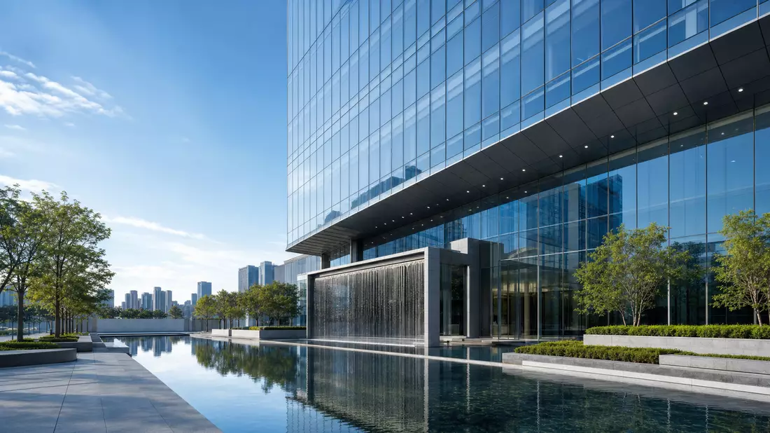 Glas- und Stahlgebäude mit Wasserfontäne und Spiegelteich, moderne Architekturvisualisierung