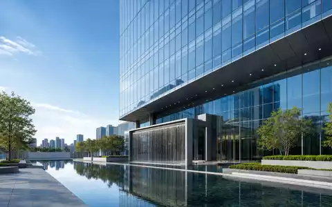 Architektur-Render eines modernen BĂŒrogebĂ€udes mit WasserflĂ€che reprĂ€sentiert die Fluid-Technik-Branche von Pentair plc, ISIN IE00BLS0VV05 - Foto: THN