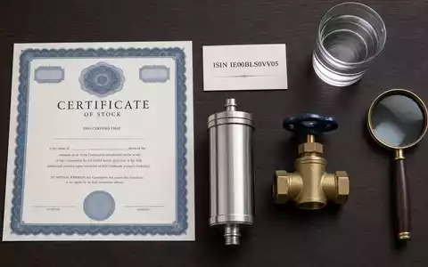 Flatlay mit Aktienzertifikat, ISIN-Karte und Wasserfilterteilen visualisiert eine Investition in Pentair plc, ISIN IE00BLS0VV05 - Foto: THN
