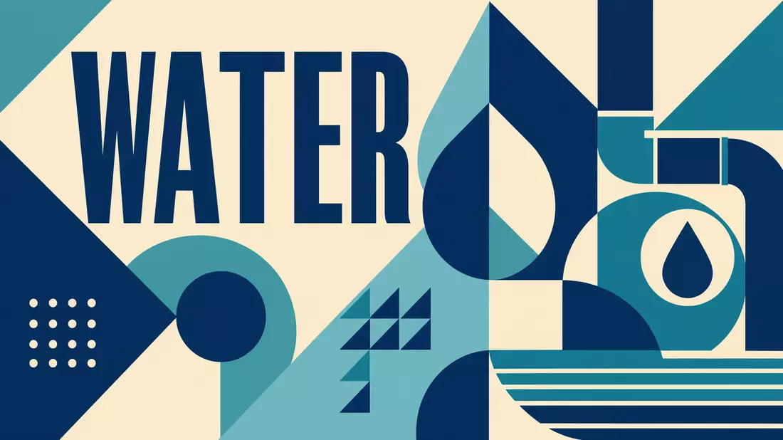 Geometrisches Bauhaus-Poster mit Tropfen-Formen und dem Wort WATER in Blautönen