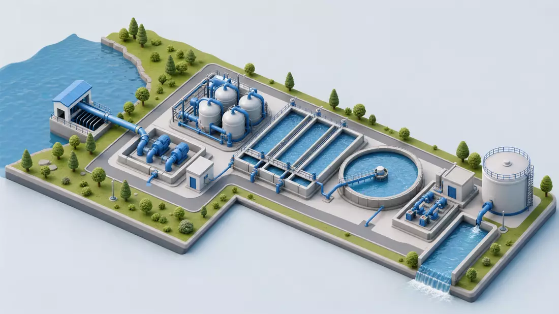 Isometrische 3D-Grafik einer Wasseraufbereitungsanlage mit Tanks, Pumpen und Rohrleitungen