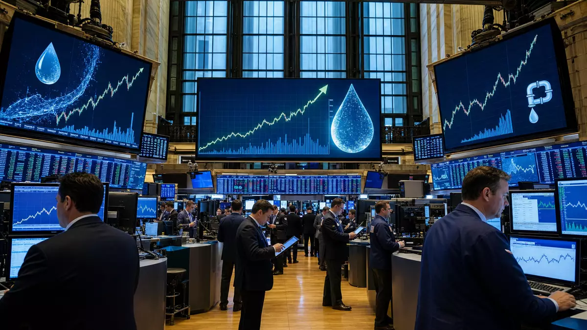 Trading-Floor mit Bildschirmen, Charts und Wassertropfen-Icons, Händler in Anzügen