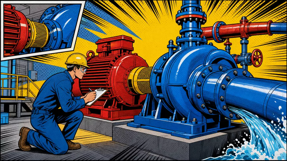 Bunte Pop-Art-Comic-Szene mit Ingenieur und großer Wasserpumpe in Rot und Blau