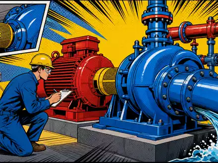 Pop-Art-Comic zeigt Ingenieur an bunter Pumpenanlage, farbenfrohe Illustration passend zu Pentair plc, ISIN IE00BLS0VV05 - Foto: THN
