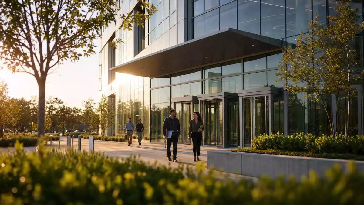 Modernes Glas-Bürogebäude eines Software-Unternehmens bei Sonnenuntergang