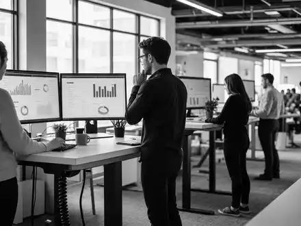Paylocity Holding US70436Y1038 dokumentiert Schwarzweiß-Reportage im offenen Software-Büro mit großen Datendashboards und Mitarbeitern - Foto: THN