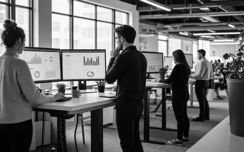 Paylocity Holding US70436Y1038 dokumentiert Schwarzweiß-Reportage im offenen Software-Büro mit großen Datendashboards und Mitarbeitern - Foto: THN