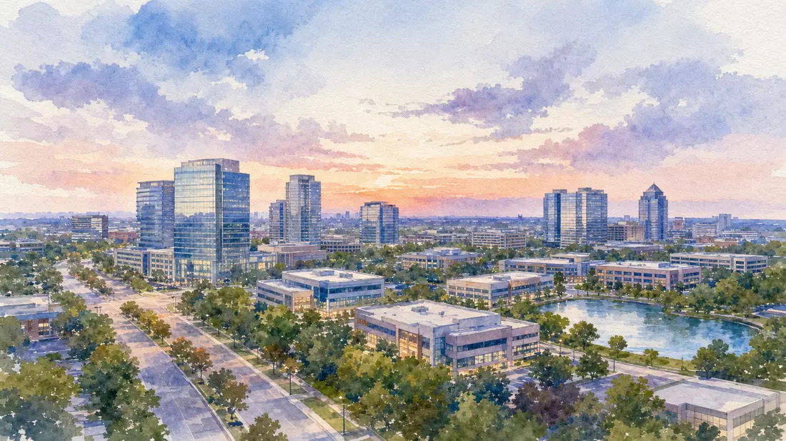 Aquarellmalerei einer Vorort-Skyline mit Bürotürmen und Teich bei Sonnenuntergang