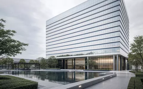 Paylocity Holding US70436Y1038 präsentiert Architektur-Render eines modernen Glas-Hochhauses mit Spiegelbecken und Grünanlagen - Foto: THN