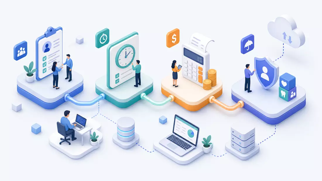 Isometrische 3D-Illustration einer HR- und Payroll-Wertschöpfungskette mit Icons