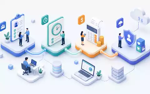 Paylocity Holding US70436Y1038 stellt isometrische 3D-Grafik einer HR-Payroll-Prozesskette mit kleinen Figuren und Icons dar - Foto: THN
