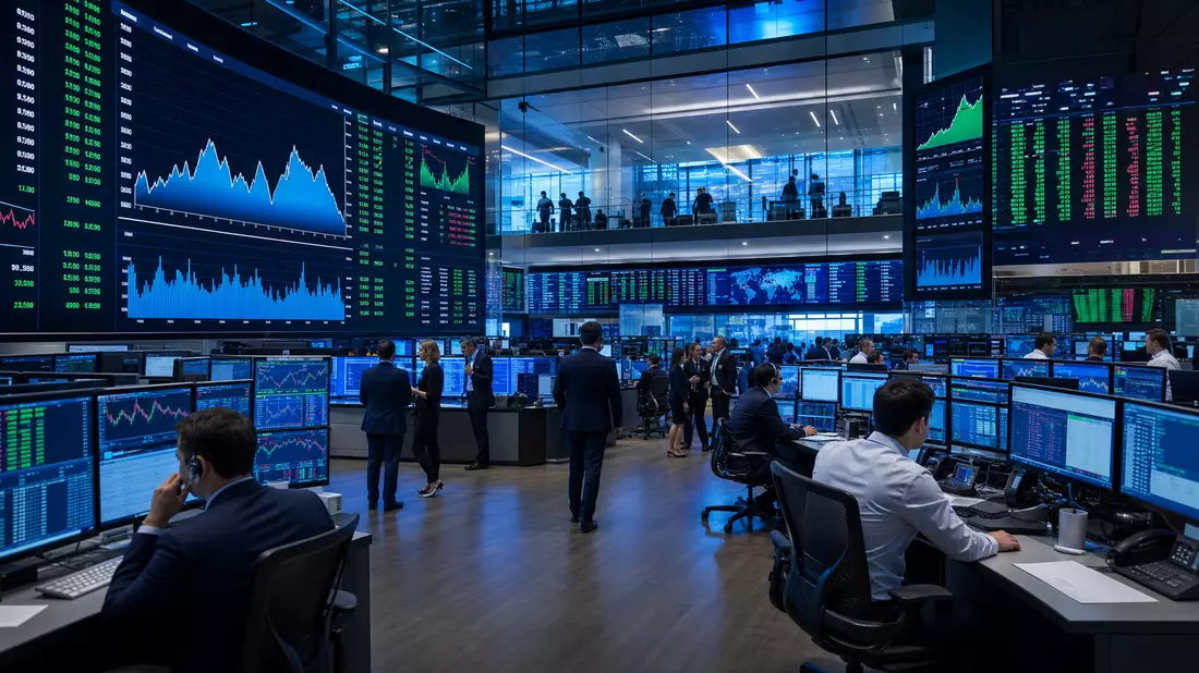 Editorial-Foto eines Trading-Floors mit großen Bildschirmen und Aktiencharts
