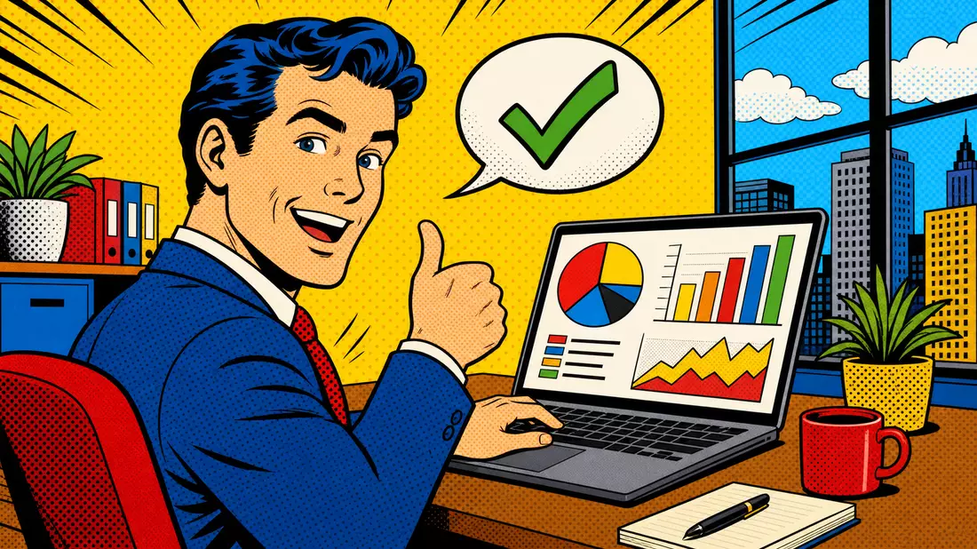 Pop-Art-Comicillustration eines Angestellten mit Laptop und farbigen Diagrammen