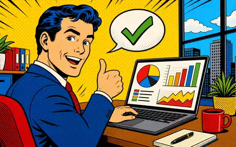Paylocity Holding US70436Y1038 illustriert Pop-Art-Comic eines lächelnden Büroangestellten mit Laptop und bunten Charts - Foto: THN