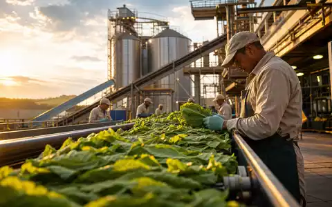 Philip Morris Intl (ISIN US7181721090) zeigt Arbeiter an Förderband einer Tabakverarbeitungsanlage bei Sonnenaufgang - Foto: THN