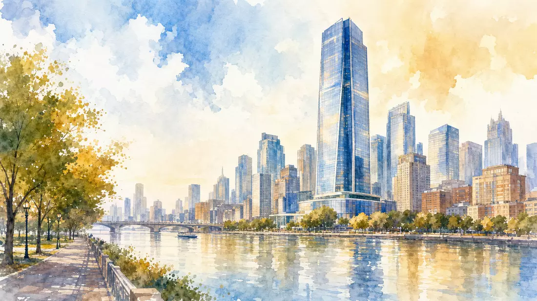 Aquarellmalerei einer modernen Stadtskyline mit Bürohochhaus am Fluss in warmen Farbtönen