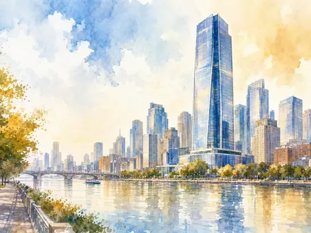 Philip Morris Intl (ISIN US7181721090) präsentiert in Aquarell-Optik eine Konzernzentrale in moderner Flussuferskyline - Foto: THN