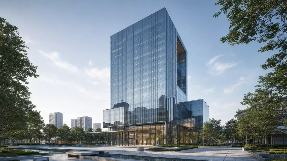 3D-Architekturrendering eines modernen Glasbürotowers mit Grünanlage und Wasserbecken