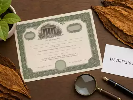 Philip Morris Intl (ISIN US7181721090) Flatlay zeigt Aktienzertifikat, ISIN-Karte und getrocknete Tabakblätter auf Holztisch - Foto: THN