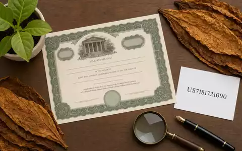 Philip Morris Intl (ISIN US7181721090) Flatlay zeigt Aktienzertifikat, ISIN-Karte und getrocknete Tabakblätter auf Holztisch - Foto: THN