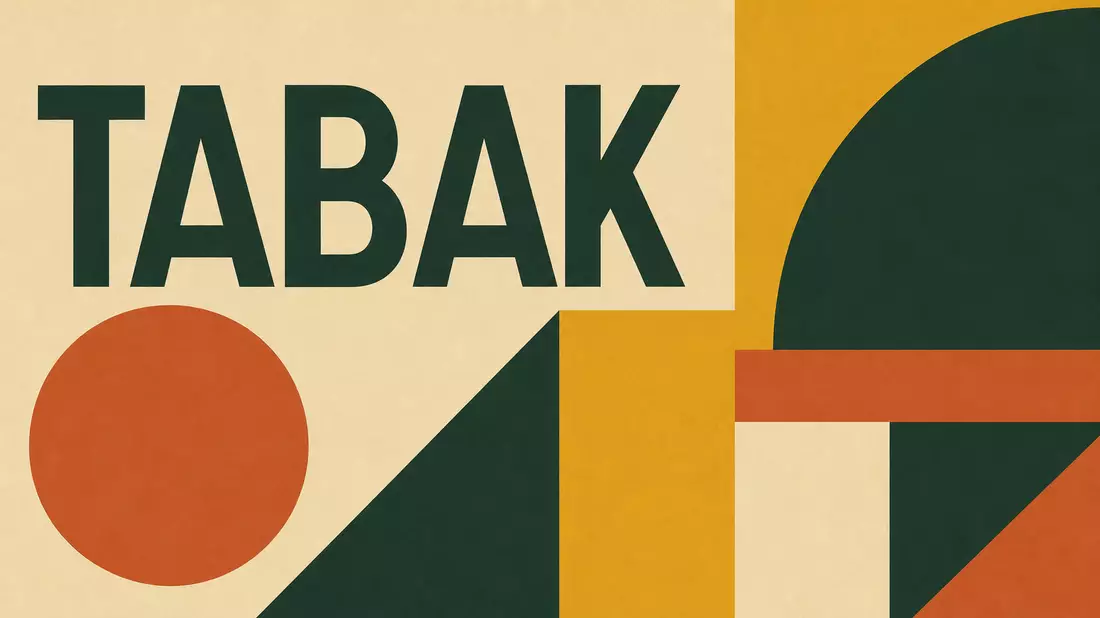 Geometrisches Bauhaus-Poster mit Kreisen, Dreiecken und dem Wort TABAK in Erdtönen