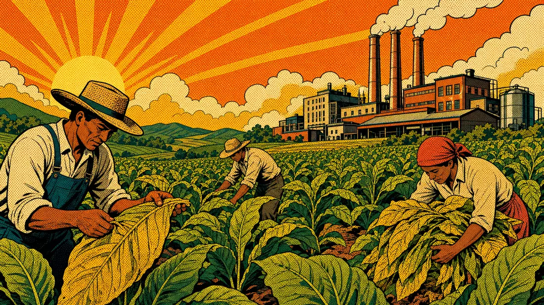 Pop-Art-Comic mit Erntearbeitern im Tabakfeld vor stilisierter Fabrik bei Sonnenuntergang
