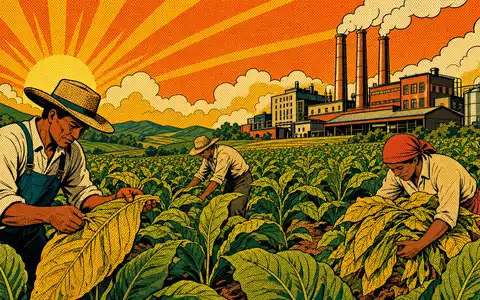 Philip Morris Intl (ISIN US7181721090) Pop-Art-Comic zeigt Erntearbeiter im Tabakfeld vor stilisierter Fabrik - Foto: THN