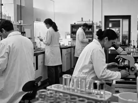 Schwarzweiß-Reportagefoto aus einem Forschungslabor illustriert Pfizer Inc. mit ISIN US7170811035 im Pharma-Sektor - Foto: THN