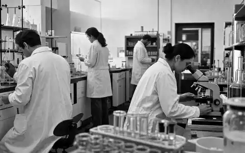 Schwarzweiß-Reportagefoto aus einem Forschungslabor illustriert Pfizer Inc. mit ISIN US7170811035 im Pharma-Sektor - Foto: THN