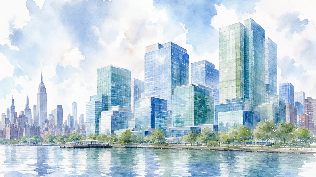 Sanfte Aquarell-Illustration einer Bürotürme-Skyline, Symbolbild für Pfizer Inc. Hauptsitz