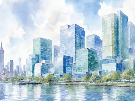 Aquarellmalerei der New Yorker Skyline repräsentiert den Firmensitz von Pfizer Inc., ISIN US7170811035, Pharma-Branche - Foto: THN