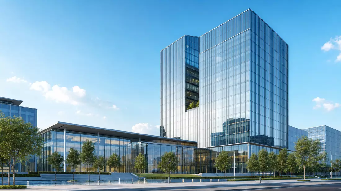 Moderner Architektur-Render eines unbeschrifteten Glas-Hochhauses, Symbolbild für Pfizer Inc