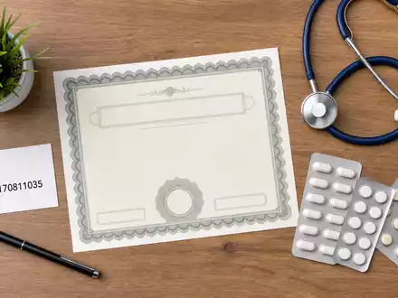 Flatlay mit Aktienzertifikat, ISIN-Karte und Tablettenblistern symbolisiert eine Investition in Pfizer Inc., ISIN US7170811035 - Foto: THN