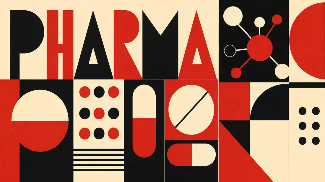 Bauhaus-Poster mit geometrischen Formen und Schriftzug PHARMA, Symbolbild für Pfizer Inc