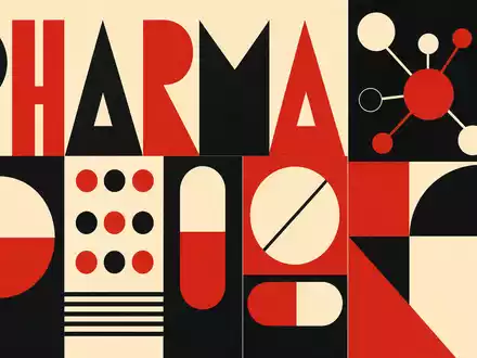 Geometrisches Bauhaus-Poster mit dem Wort PHARMA visualisiert die Branche von Pfizer Inc., ISIN US7170811035, künstlerisch - Foto: THN