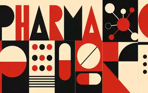 Geometrisches Bauhaus-Poster mit dem Wort PHARMA visualisiert die Branche von Pfizer Inc., ISIN US7170811035, künstlerisch - Foto: THN