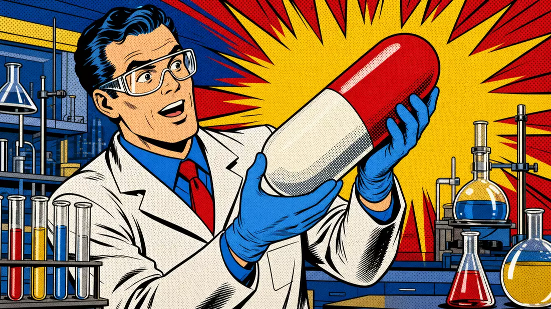 Pop-Art-Comic mit Wissenschaftler und großer Kapsel, Symbolbild für Pfizer Inc