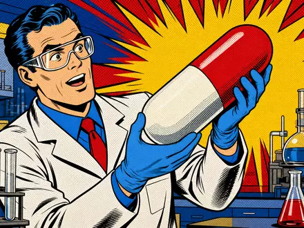 Farbenfrohe Pop-Art-Comicszene mit Wissenschaftler und Kapsel greift die Branche Pfizer Inc., ISIN US7170811035, humorvoll auf - Foto: THN
