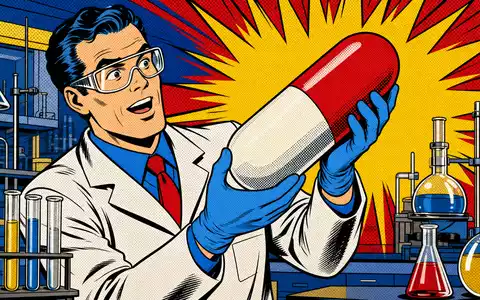 Farbenfrohe Pop-Art-Comicszene mit Wissenschaftler und Kapsel greift die Branche Pfizer Inc., ISIN US7170811035, humorvoll auf - Foto: THN