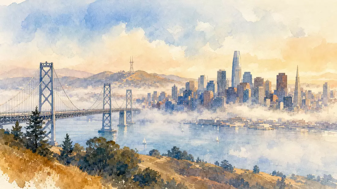 Aquarell von San Francisco Skyline mit Brücke und Bucht im Nebel