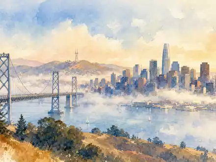 Aquarellmalerei der San-Francisco-Skyline repräsentiert Heimatregion von PG&E Corporation, Aktie ISIN US69331C1080, mit Bucht - Foto: THN