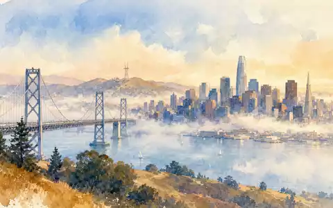 Aquarellmalerei der San-Francisco-Skyline repräsentiert Heimatregion von PG&E Corporation, Aktie ISIN US69331C1080, mit Bucht - Foto: THN