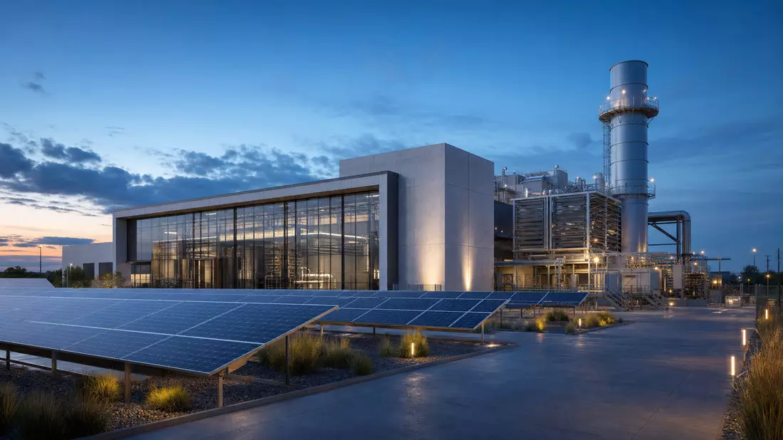 3D-Render einer Kraftwerksanlage mit Solarpanels in der Abenddämmerung